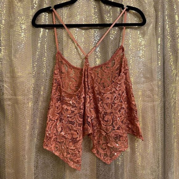 Free People Best Idea Rose Sequin Lace Cropped Handkerchief Hem Cami Small - Picture 3 of 9